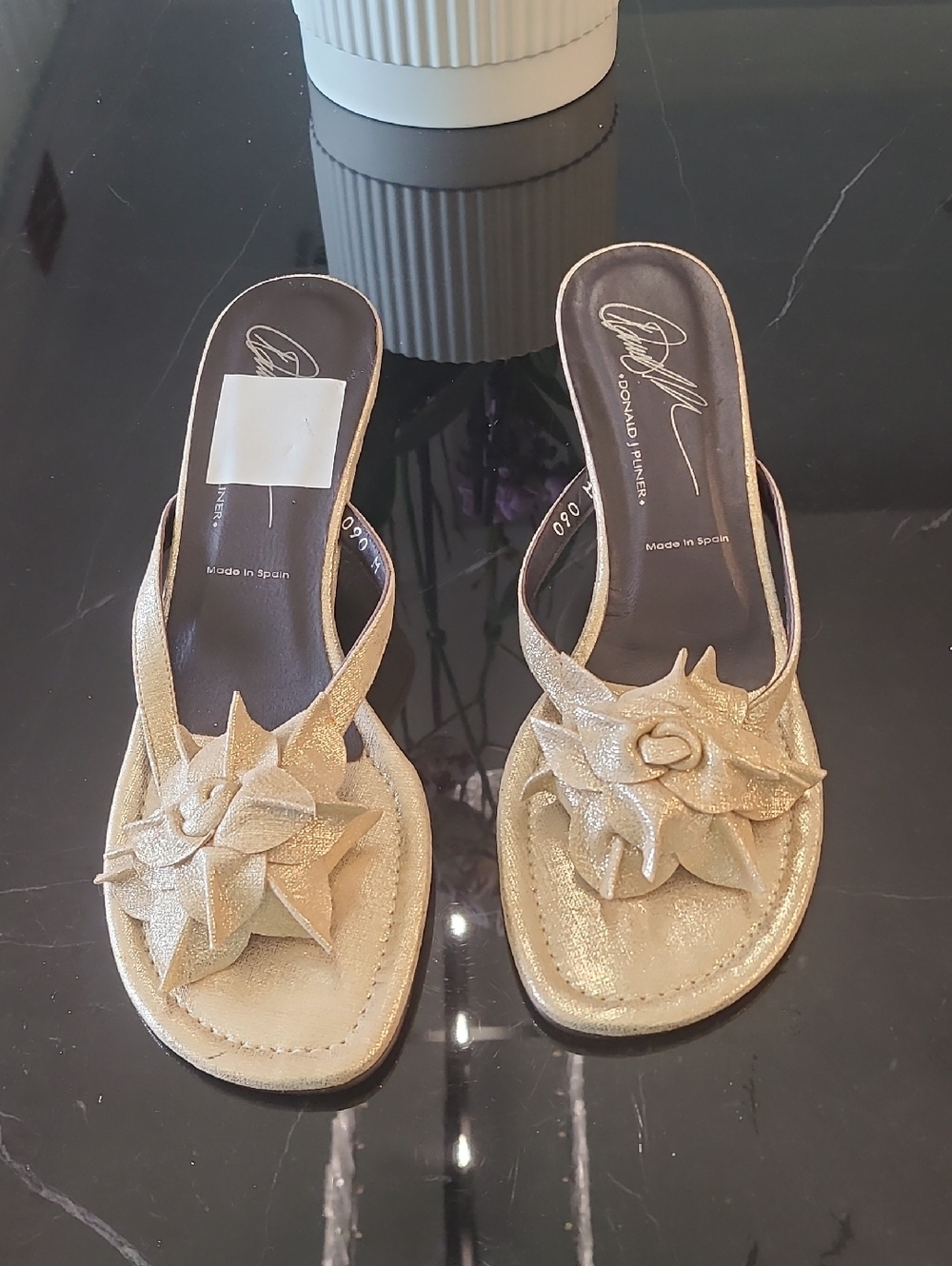 Donald J. Pliner Metallic Gold Floral Slide Mules Leather